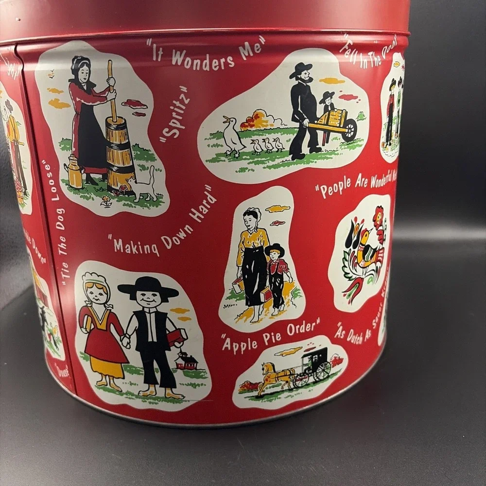 Pretzel Tin & Tray Dutch Red Vtg Farmhouse Boho Cottage Amish Storage Container